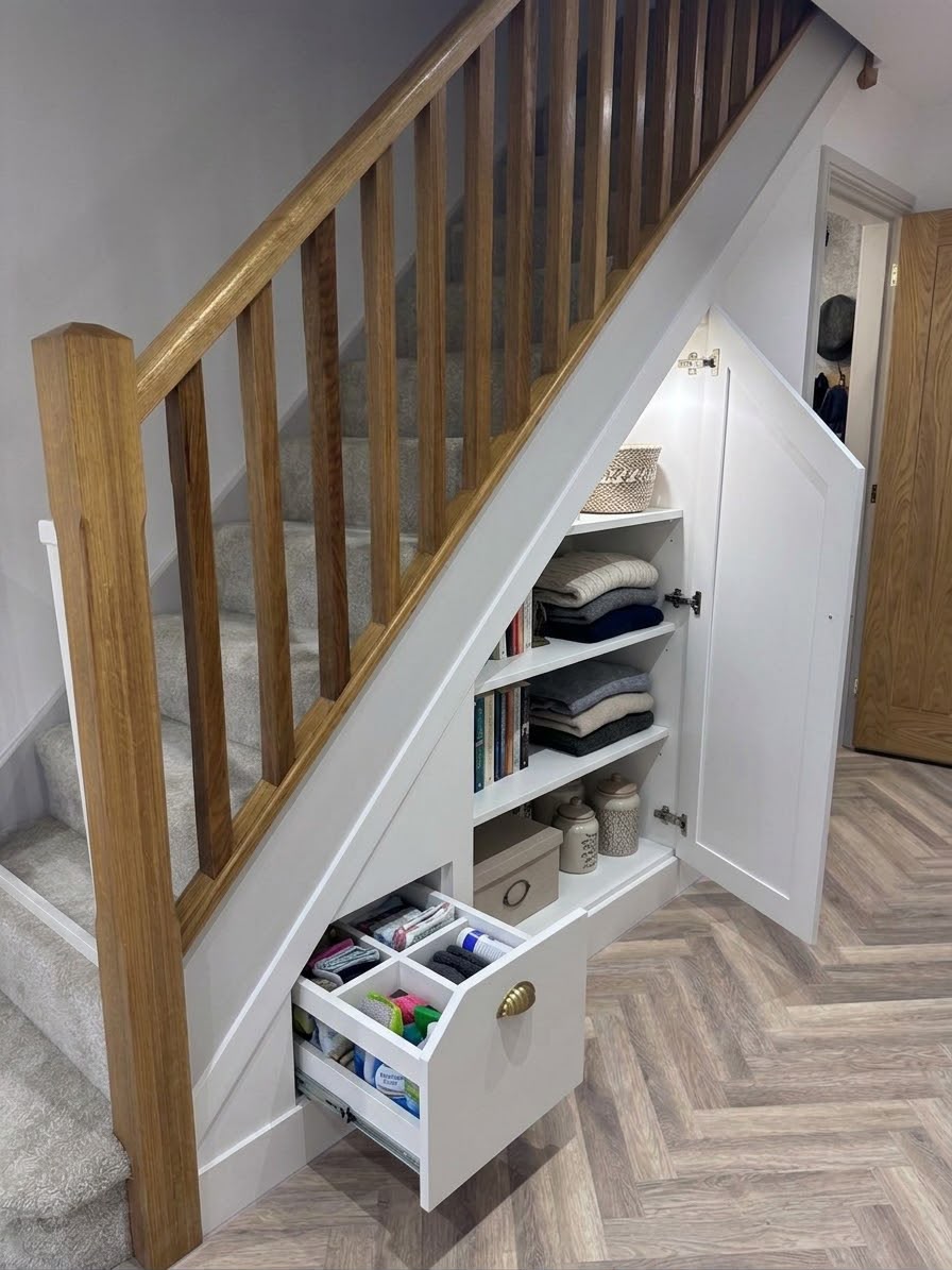 Custom pull-out drawers integrated beneath a wooden staircase